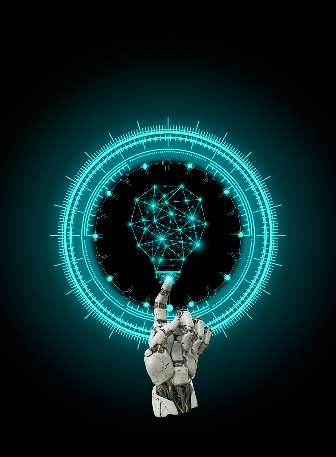 3D model of robotic hand with digital holographic neon lightbulb over black background. Conceptual design. Using artificial intelligence services. Concept of business, innovation, technology