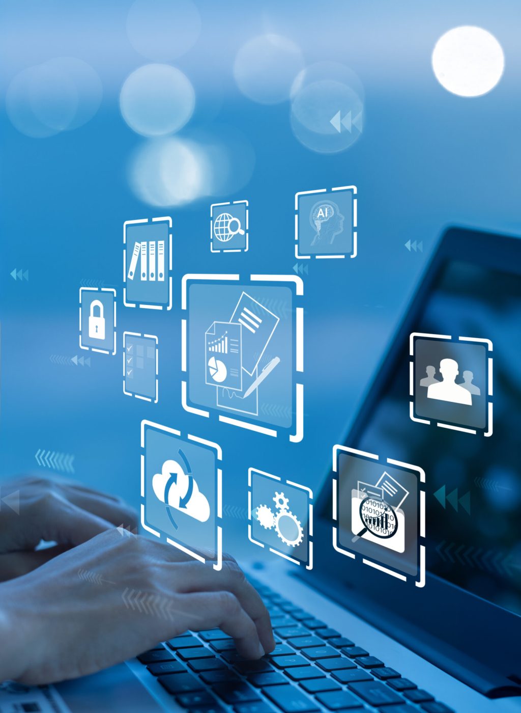 Businesswoman using a computer to document management concept, online documentation database and digital file storage system/software, records keeping, database technology, file access, doc sharing.